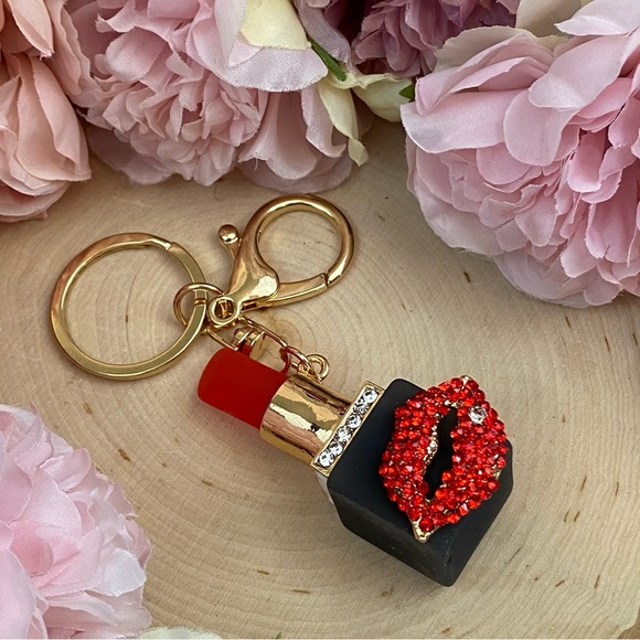 Red Lipstick with Crystal Lips Keychain Charm - Picture 12 of 16